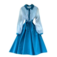 2022 spring autumn fashion runway shirt dress womens long sleeve elegant blue ol pleated midi dress vestdos femininos