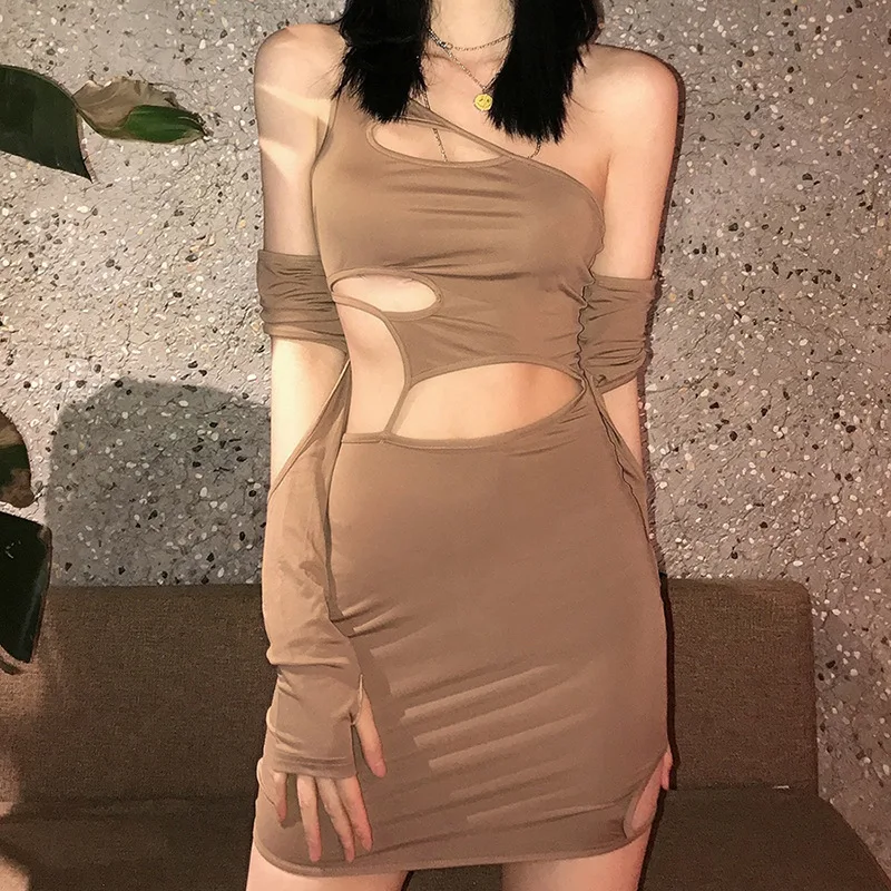 

Summer Sexy Hollow Out Slim Bodycon Dress Women Removable Long Sleeve Fashion Clothing Lady Solid Street Mini Club Dresses