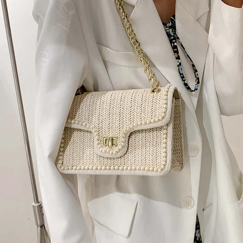weave square crossbody bag 2022 summer handbag new quality straw pearl womens designer handbag pearl chain shoulder bag handbag free global shipping
