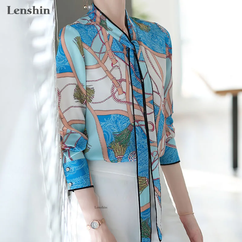 Блузка Lenshin с геометрическим принтом дышащая мягкая блузка галстуком бабочкой