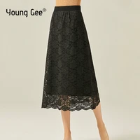 young gee elegant women elastic waist a line skirt office autumn winter wrapped hip slim knitted lace double side wear skirts
