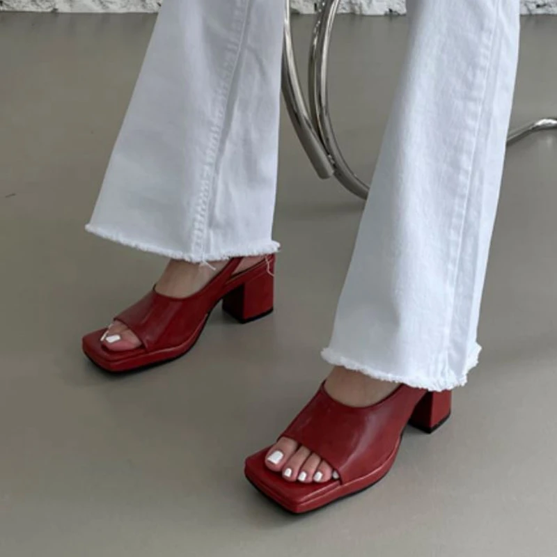 

Coolcept Sandals For Women Square Toe Thick High Heels Slip On Solid Color Street Party Summer Ladies Footwear Size 35-40