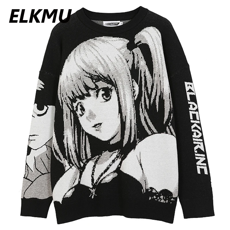 

ELKMU Cartoons Print Knitted Sweaters 2021 Spring Autumn Harajuku Loose Knitwear Jumper Sweater Hip Hop Streetwear Tops HE965