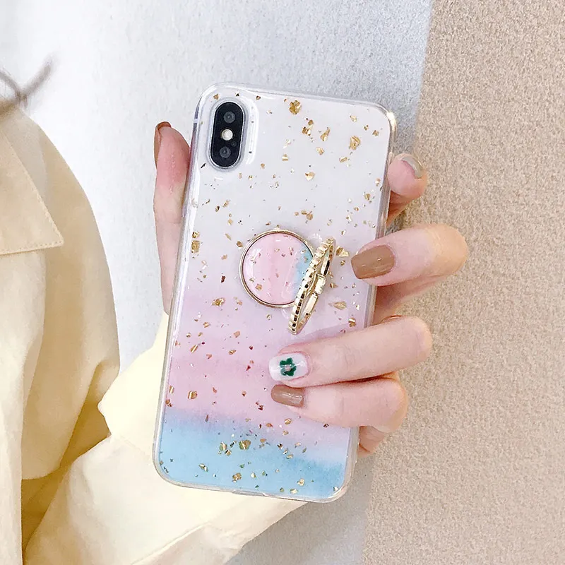 IK92-DJ03JianBianFen SoCouple кольцо из ТПУ чехол-держатель для iphone 7 8 6 6s plus чехол для iphone XR 11 Pro X Xs Max мраморный Золотой фольга кольцо держатель чехол - Цвет: IK92-DJ03JianBianFen
