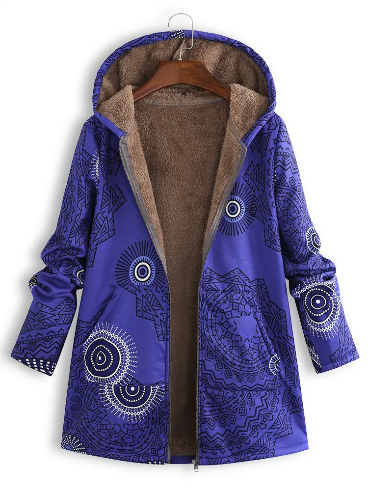Women Winter Coat Casual Floral Print Hooded Zipper Cotton Womens Coat Vintage Pocket Zipper Loose  Female Outwear