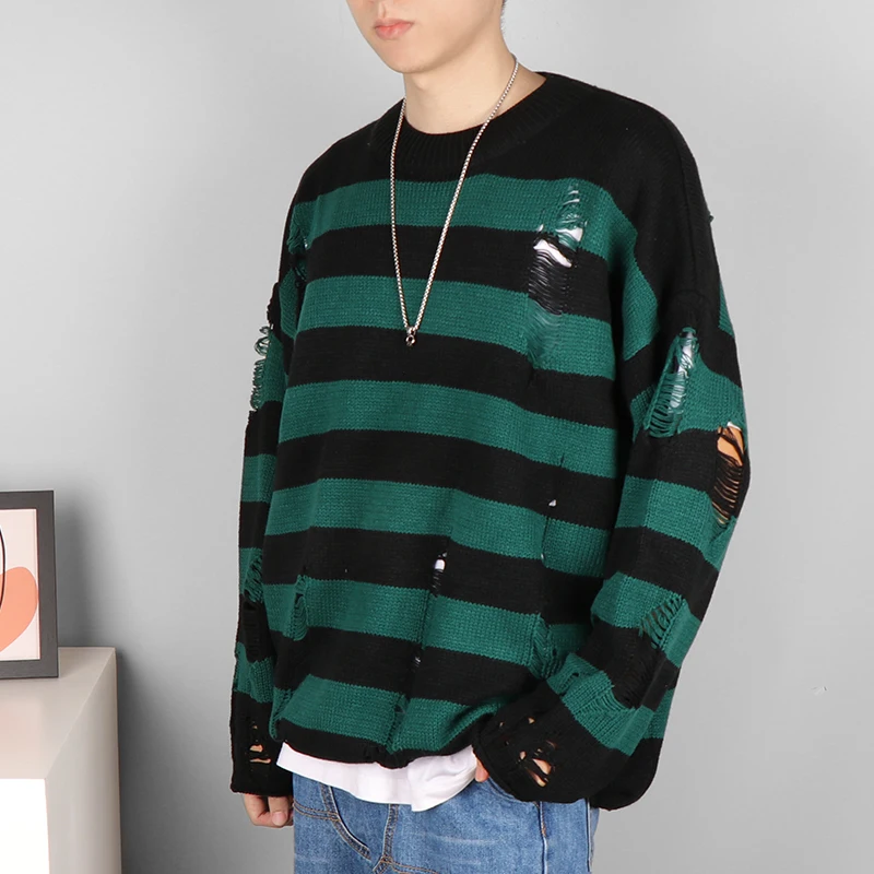 Женский полосатый свободный свитер вязаный пуловер оверсайз в стиле панк осень |