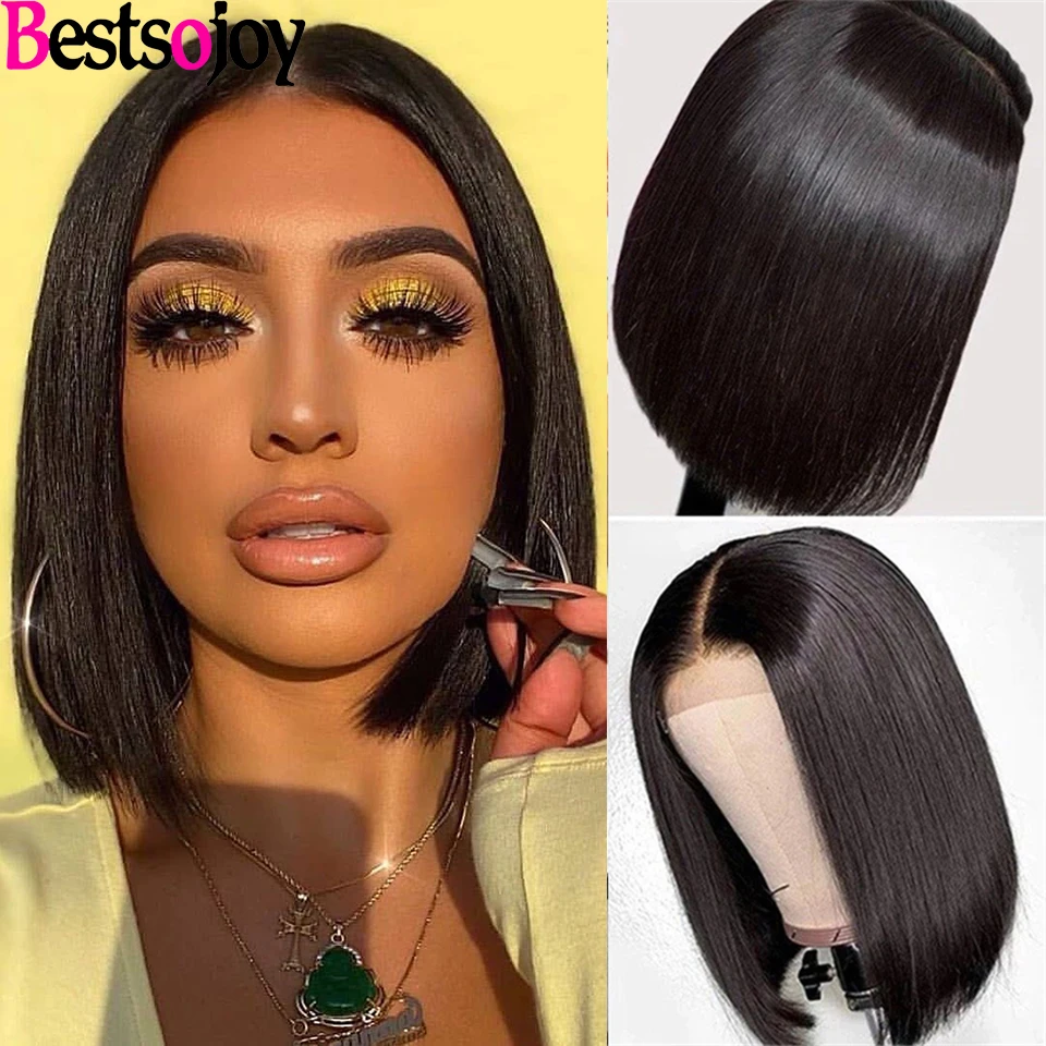 Straight Bob Wig Brazilian 4x4 Lace Closure Human Hair Wigs Bone Straight Short Wigs PrePlucked 13x1 T Part Wig Middle Part Hair