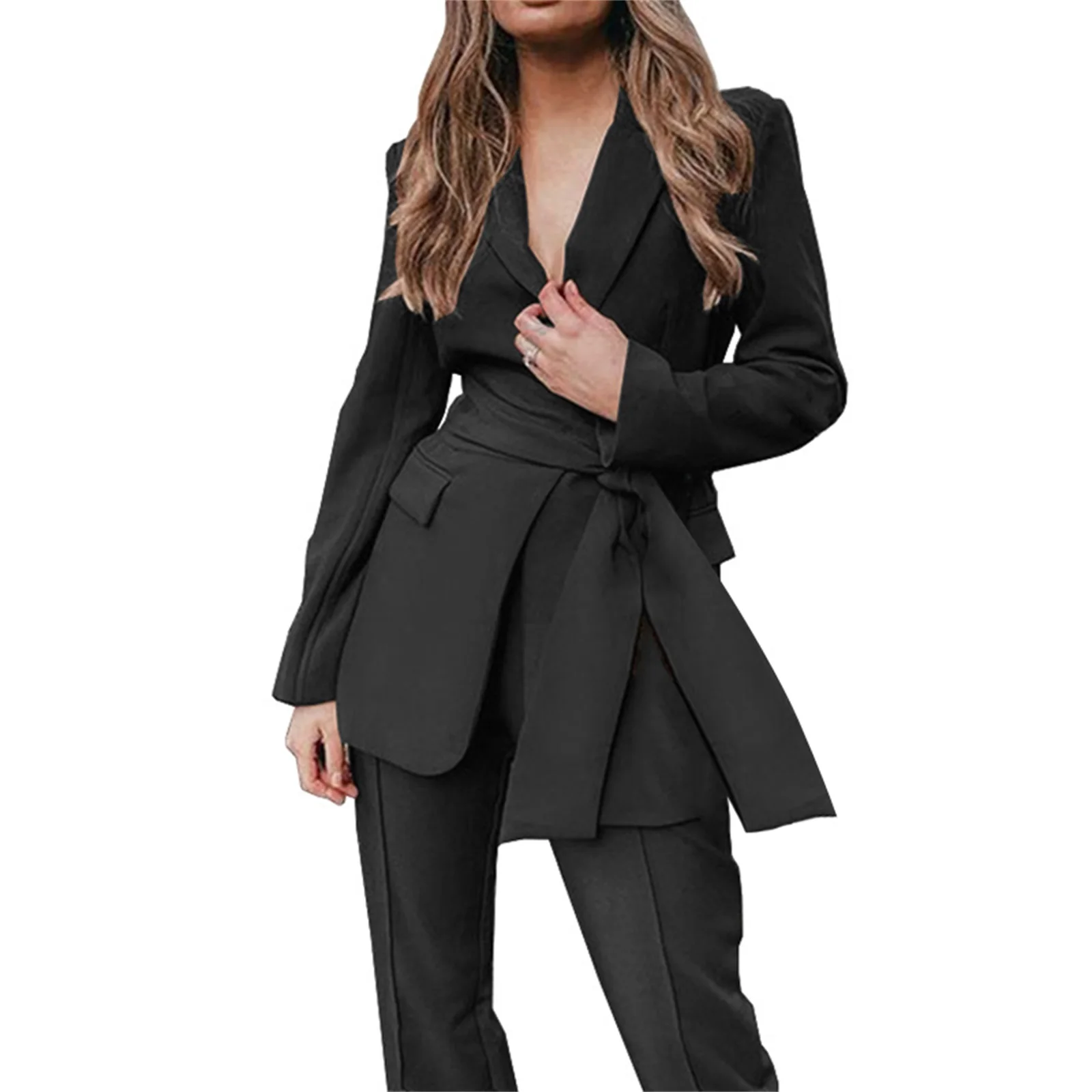 

Women's Two Pieces Suit Set, Solid Color Long Sleeve Blazer + Straight-Leg Trousers Set for Ladies, Black/Khaki/Wine Red