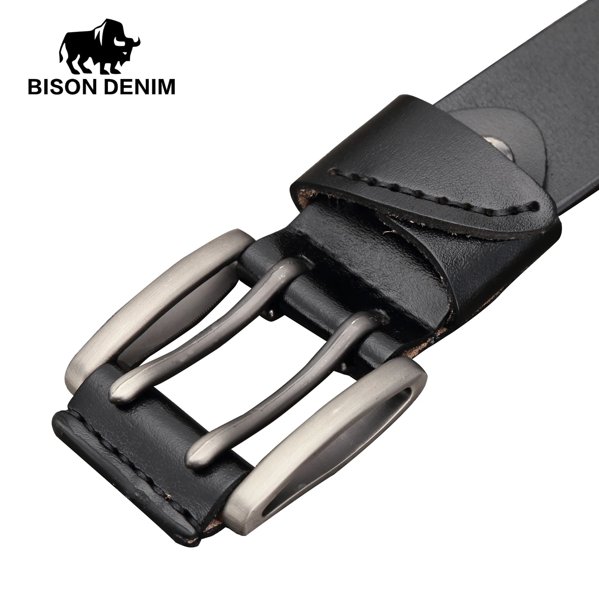 Мужской ремень из натуральной кожи BISON DENIM Черный винтажный кожаный пояс с