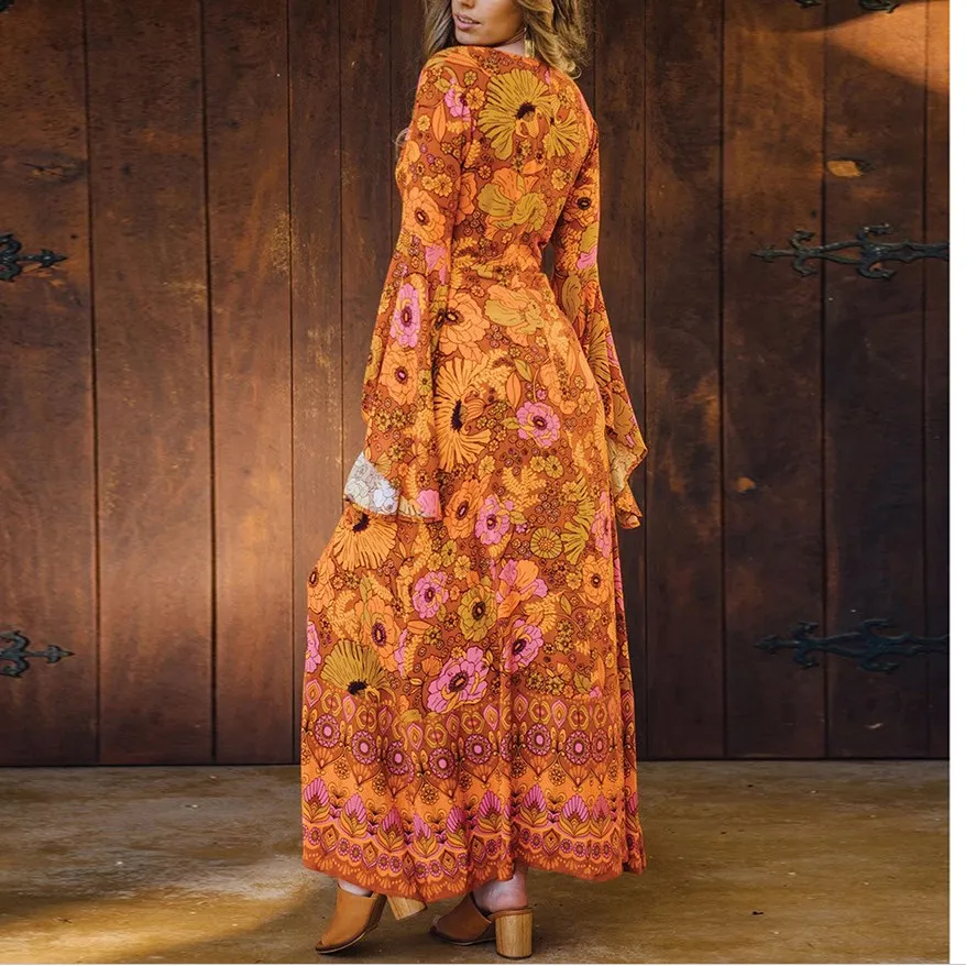 Элегантное женское платье винтажное макси с v образным вырезом длинные платья