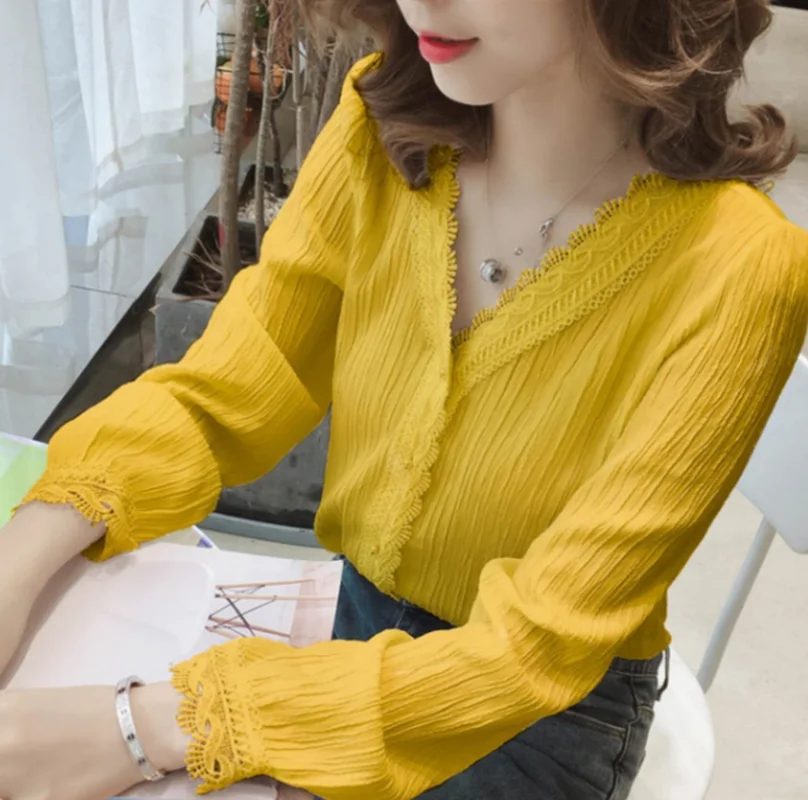 

GOOHOJIO 2020 Chiffon V-neck Blouse Women Shirt Autumn Casual Tops Elegant Office Shirts Fashionable Long Sleeve Women Blouses