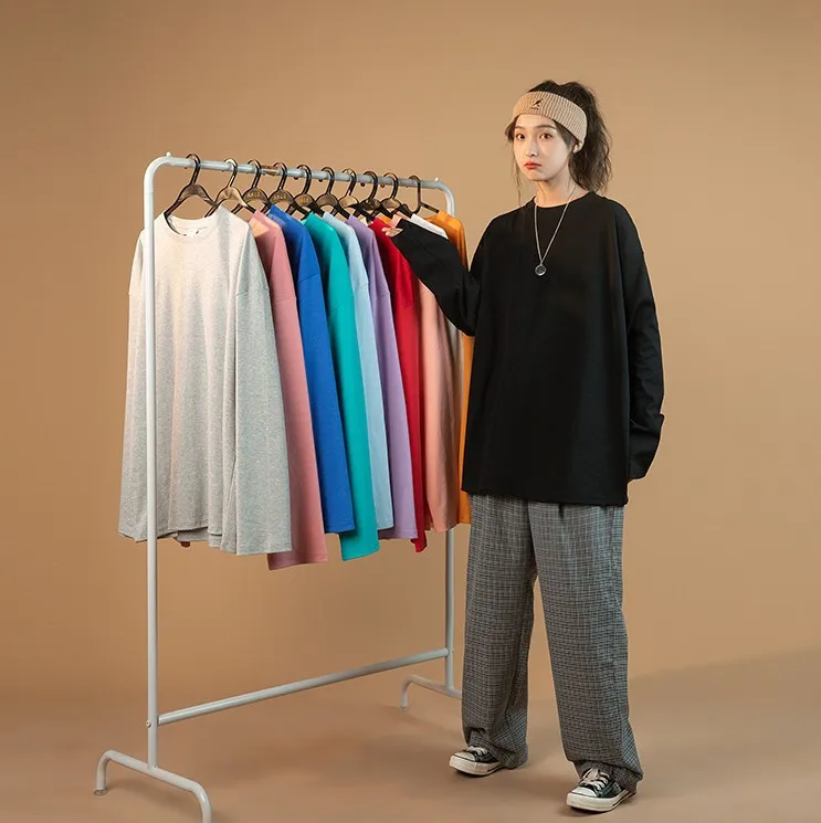 

2021 autumn new T-shirt male youth Hong Kong style trend loose round neck plus size couple solid color bottoming shirt tide