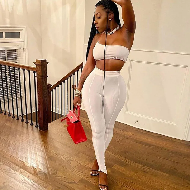 

Соблазнительный комплект из 2 предметов для женщин, белый укороченный топ и брюки с разрезом, подходящие комплекты для женщин, модная одежда...