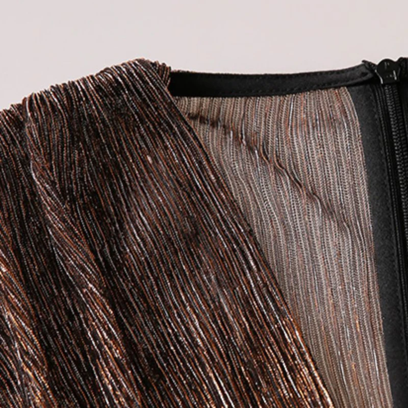 

High waist women pleated dress v-neck Lantern Sleeve temperament female mini dress