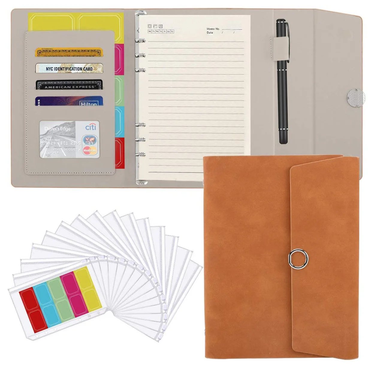 

18 Pieces A5 PU Leather 6 Hole Binder Zipper Folder Notebook Binder Budget Planner with 15 Binder Pocket Cash Envelopes System