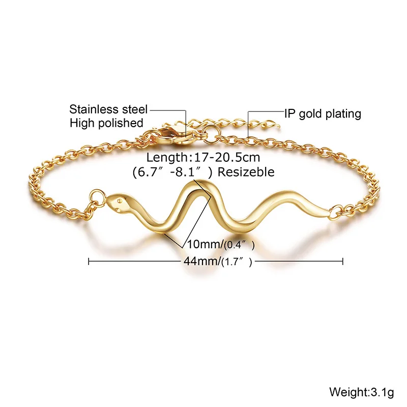 

Vnox Exquisite Snake Charm Bracelets for Women, Gold Tone Stainless Steel Chain Wrist Gifts Jewelry, Length Adjustable