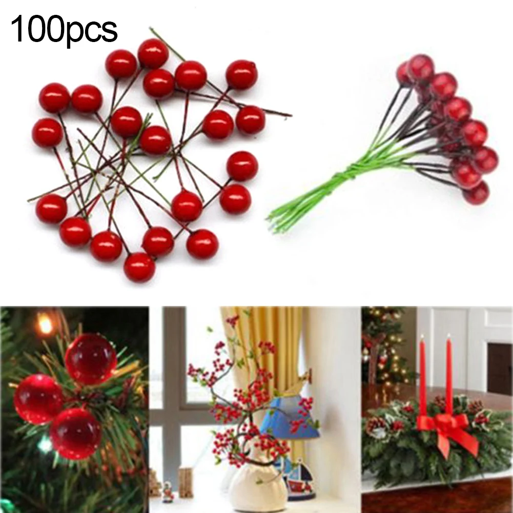 100Pcs/Set Foam Christmas Tree Artificial Fruit Small Holly Berry Toy Party Decor | Дом и сад