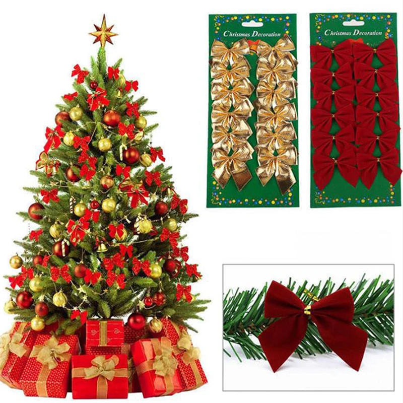 

12pcs Bows Christmas Tree Decor Xmas Bowknot Party Garden Festival Ornaments New Year Xmas Party Gift Decor