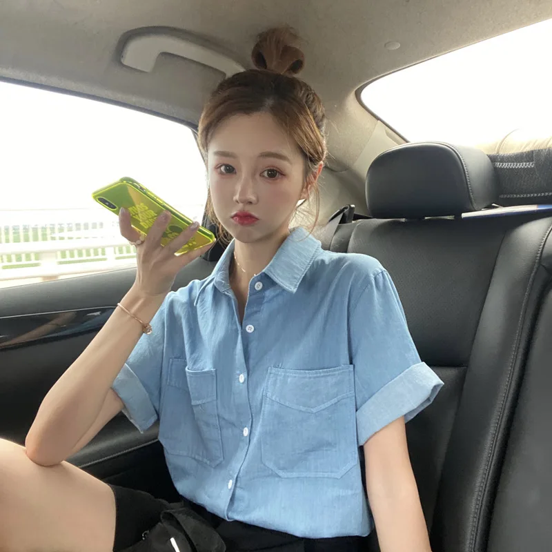 

Houthion Loose Women's Blouses Fashion Short Sleeve Top New Casual Blouse Buttons Pocket Solid Color Polo Shirt Summer