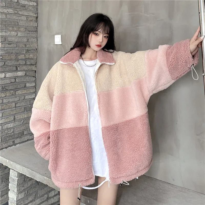 

Korean Version of the New Winter Tooling Stitching Contrast Jacket Harajuku Retro Zipper Lamb Warmth Thick Loose Cotton Clothing