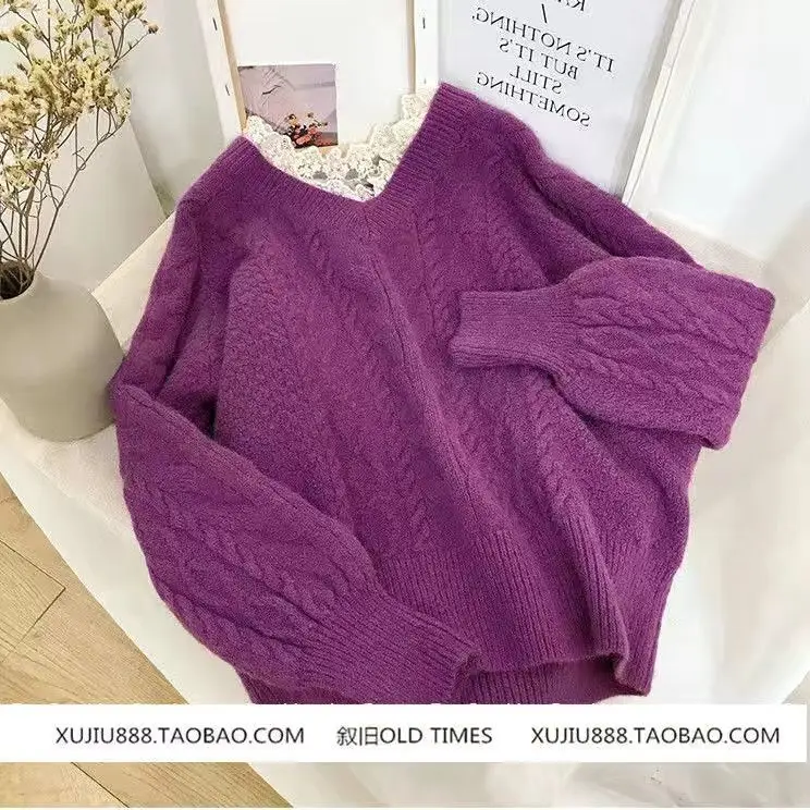 

Autumn and Winter New Immortal Lace Stitching V-neck Pullover Linen Flower Color Sweater Women's Loose Short Outer Sweater