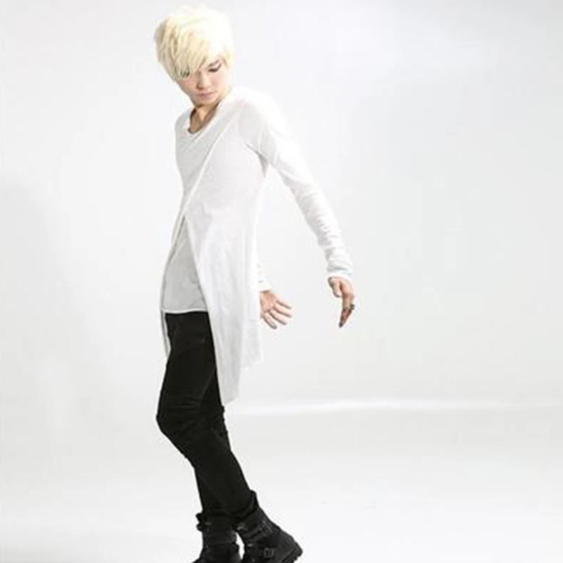 Spring new ultra long paragraph large size long-sleeved round neck T-shirt bottoming shirt hair stylist tide men's slim night cl | Мужская