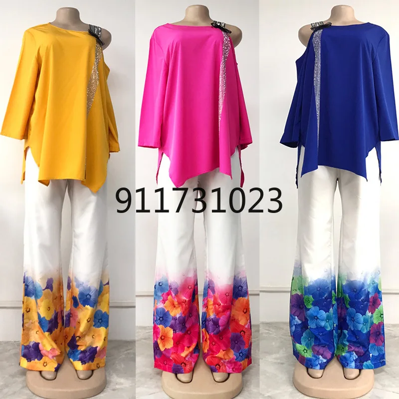 2021 Африканские женщины с длинным рукавом розовый синий комплект из двух частей