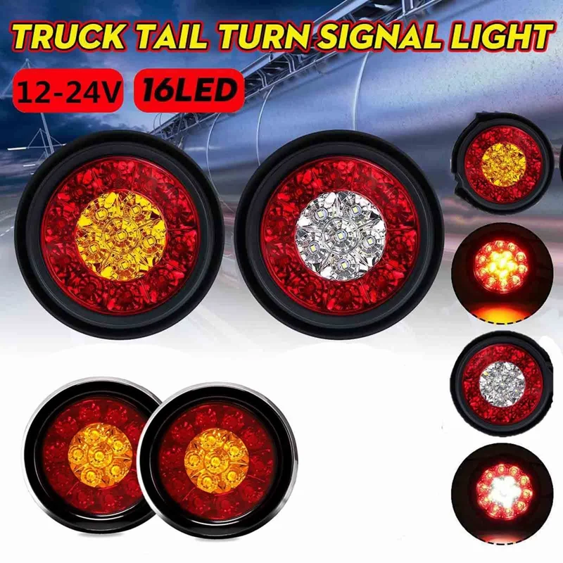 

1PC 12-24V Truck Turn Signal Taillight Rear Round 16LED Fog Lamp Brake Running Reverse Lamp For Truck Trailer Lorry Amber Red