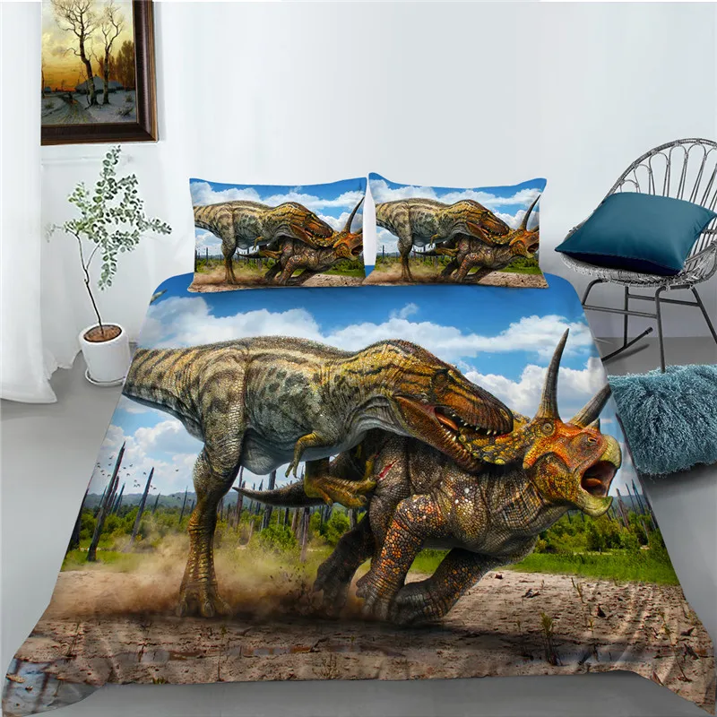 

Комплект постельного белья из полиэстера с 3D принтом динозавра, мягкое дышащее реалистичное украшение для спальни, Queen, Full, Double, Single Size