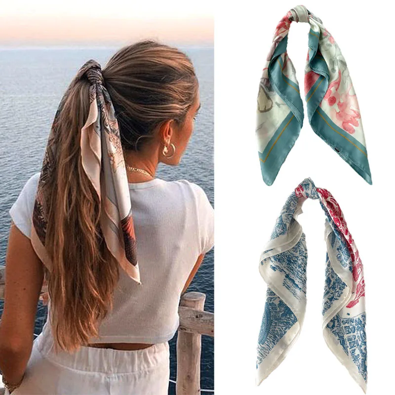 

Luxury Silk Hair Scarf Women Hijab Bandana Neckerchief Fashion Neck Tie Headband Foulard Muffler Female Hair Bands Headware 2021