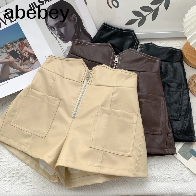 

Fashion solid color PU leather zipper Shorts double pockets irregular design high waist wide leg Shorts 2021 New Autumn Winter