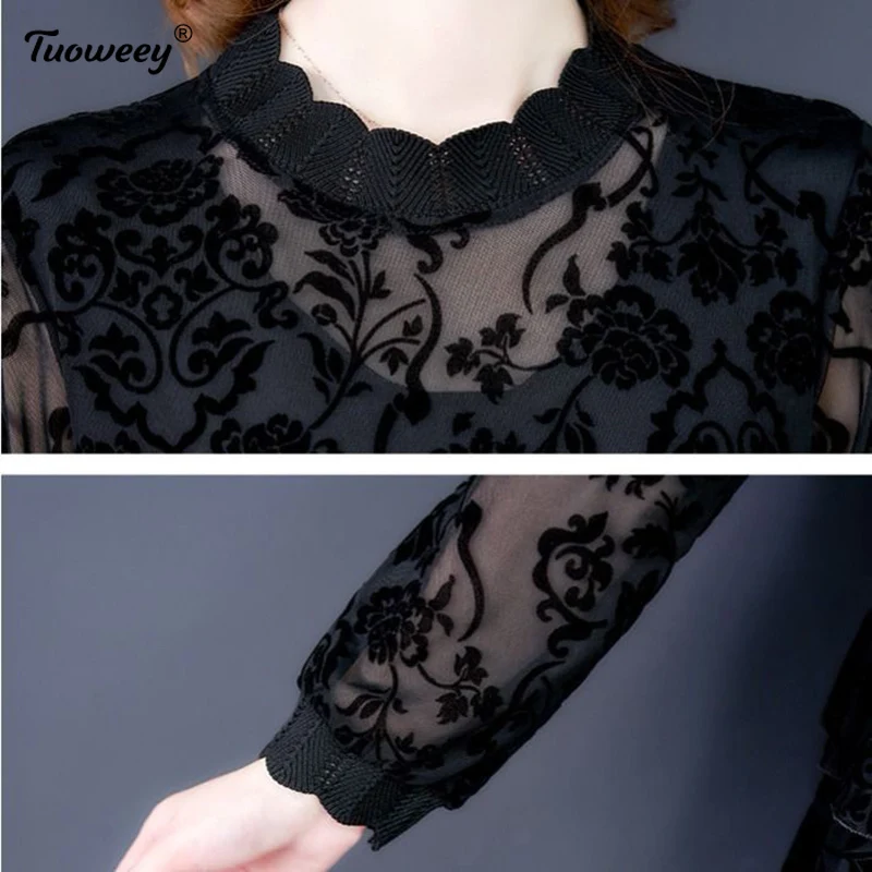 

2021 loose Lady Casual Long Transparent Sleeve Stand Collar Lace Blusas Tops Women Spring Summer Style Lace Blouses Shirts