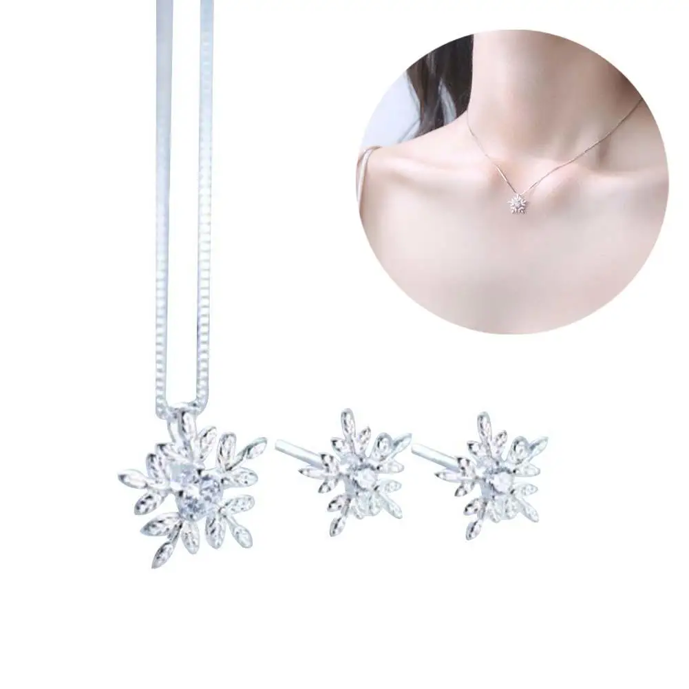 Женский посеребренный кулон Снежинка ожерелье серьги-гвоздики ювелирные