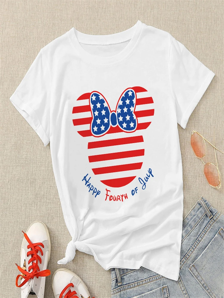 

Disney Hot Selling Women T-Shirts Comfy White S-2XL Short Sleeve Cartoon Print Minnie Head Female T Shirts Happy Fourth Of July
