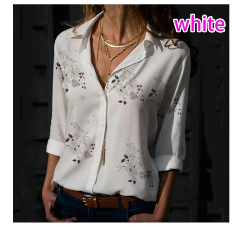 99002 white Осенняя женская шифоновая блузка, рубашки, повседневные с длинным рукавом, с v-образным вырезом, Женская рабочая одежда, элегантная женская блузка, рубашки размера плюс - Цвет: 99002 white