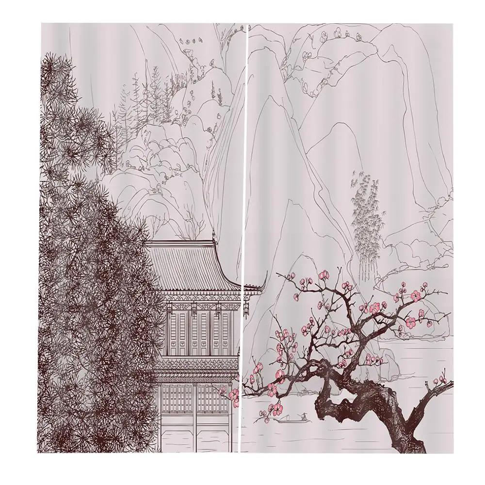 

Grey tree Sketch Drawing Curtain Luxury Blackout Window Curtain Living Room building Window Curtain Home Indoor Decor