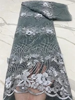 fashion gray high quality african mesh lace fabric with beads nigerian lace fabrics for wedding party 4653b