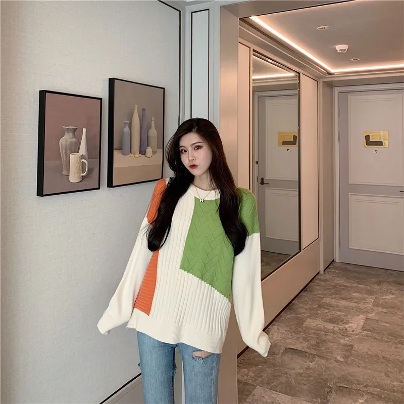 

casual computer knitted o-neck loose full patchwork Spring and autumn Sweaters high quality temperament Women's Clothing tops