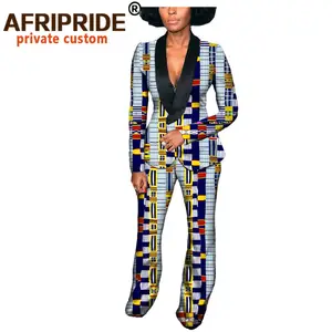Осень 2020, Африканский женский костюм AFRIPRIDE private custom, Топ с длинным рукавом и V-образным вырезом + длинные брюки, 100% чистый вощеный хлопок, модель A722637