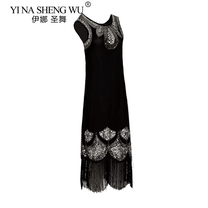 Винтажное платье миди Vestido, женское платье 1920 s, блестки, бисер, платье с кисточками, вечерние платья с оборками, черное платье для латинских танцев