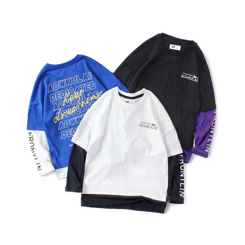 

Fashion Print Letters Fake Two Pieces Cotton Long Sleeve T-shirts Boy Clothes Kids Tee Shirt Junior's Boys T-shirt Children 6-12