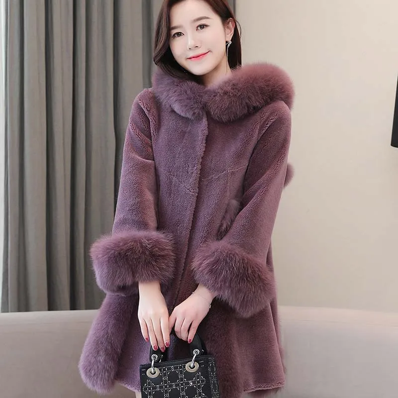 Stunning Grape Real Sheep Fur Coats Hooded Slim Cashmere Middle Length Fox Hair Collar A-line Winter Warm Elegant Women Overcoat