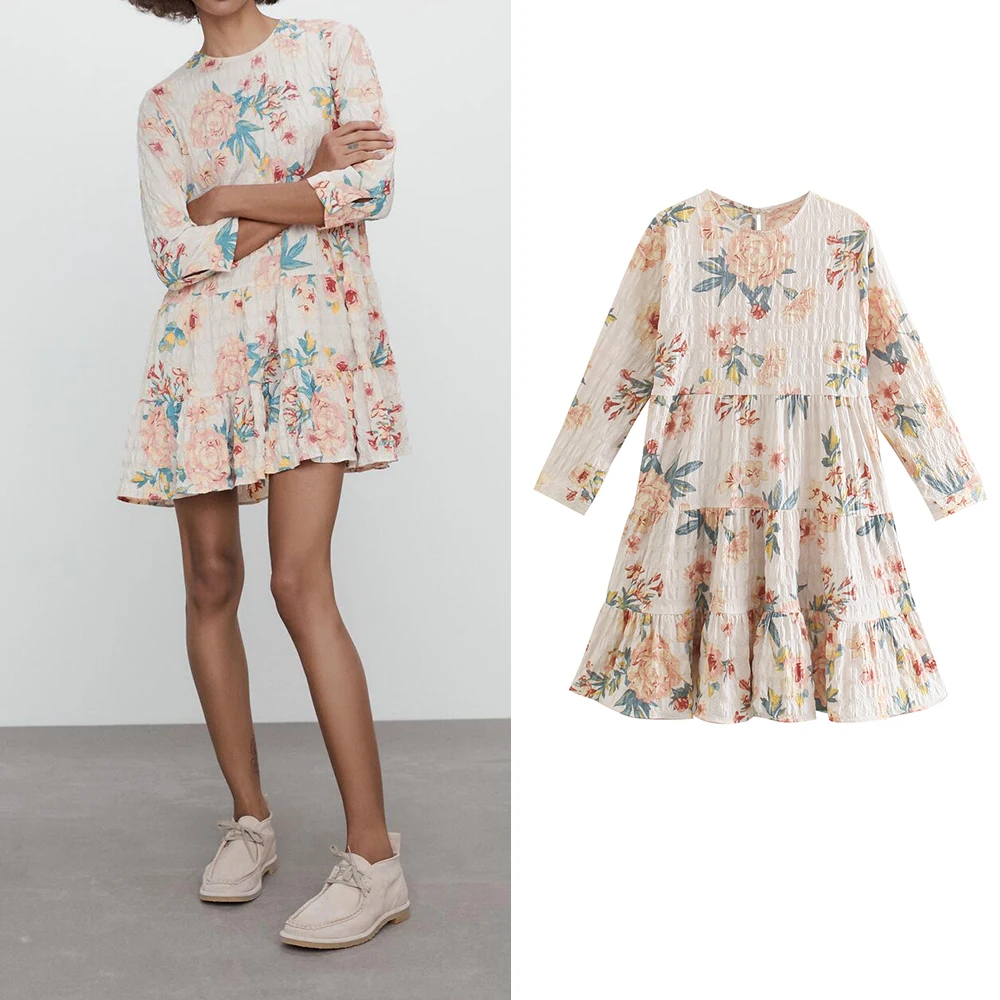 

Женское Плиссированное мини-платье Za, винтажное платье с цветочным принтом и оборками, три четверти, с круглым вырезом, весна 2021