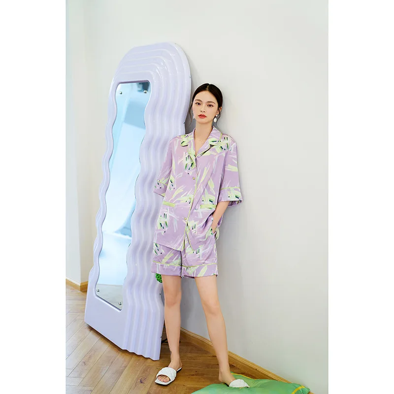 Ice Silk Pajamas Long Sleeve Two Piece Suit Women's Sleep Lounge Pajama Sets  Silk Pajamas Sleepwear Women Set
