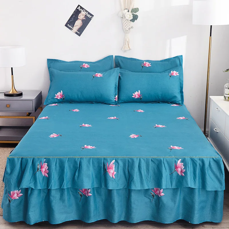 

Floral Bedspread Brushed Sanding Bedding Skirt Soft Comfortable Double Layer Lace Wedding Bed Cover Bed Spread King Size
