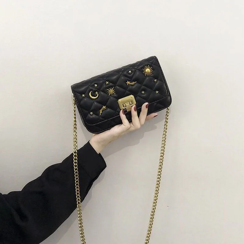 

New Korean Version Mini Chain Womens Shoulder Bag Popular Fashion Lady Messenger Bag Star Pattern Small Square Bag Mobile Wallet