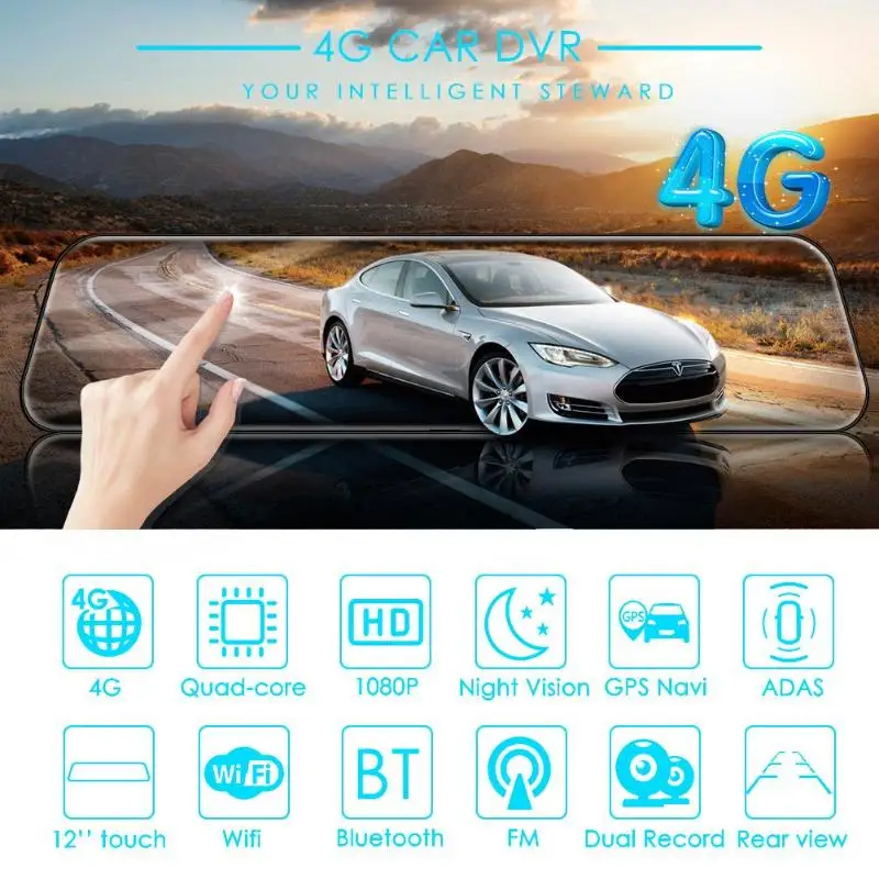 12 дюймов Android 8 1 Автомобильный видеорегистратор gps Bluetooth навигация FHD Зеркало