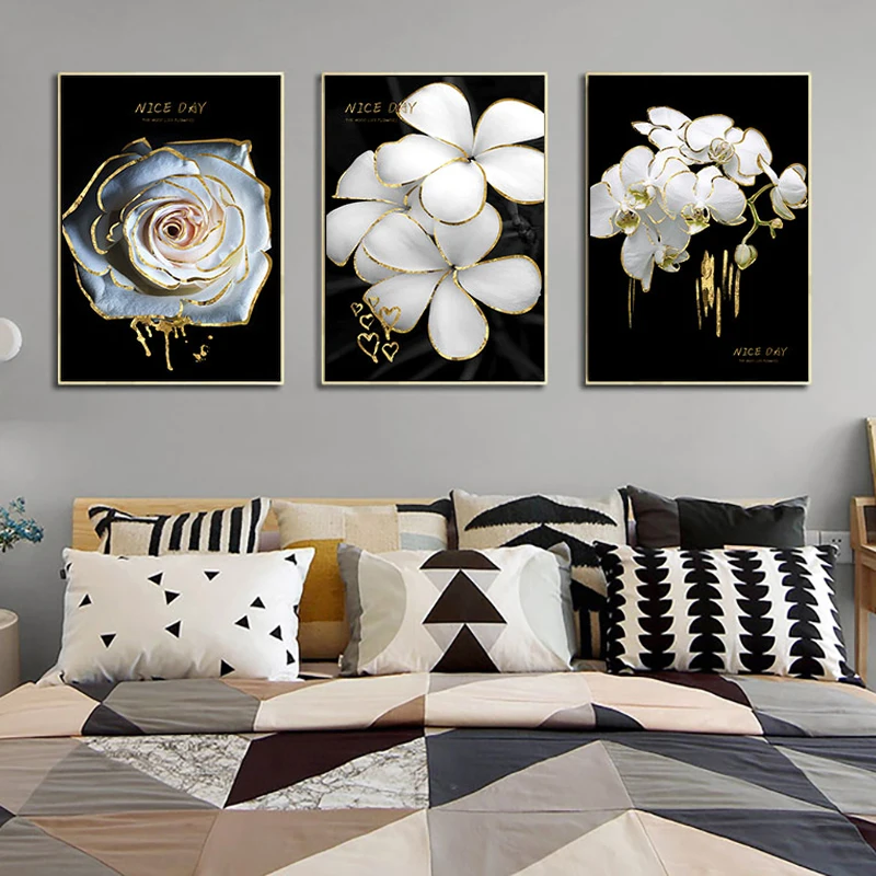 

Black Background White Flowers Canvas Painting Prints Modern Wall Decorative Posters for Bedroom Hotel Home Decor Art Pictures