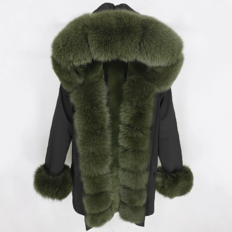 OFTBUY, водонепроницаемая парка, натуральное меховое пальто, зимняя куртка для женщин, воротник из натурального меха енота, капюшон, подкладка из натурального кроличьего меха, съемная - Цвет: black green