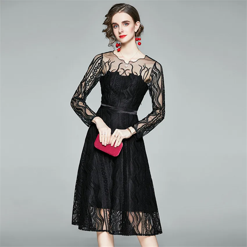 

Fall 2020 Sexy Sheer Black Mesh Lace Dress Women Long Sleeve Elegant Dress High Quality Fashion Midi-cald Embroidery Dresses